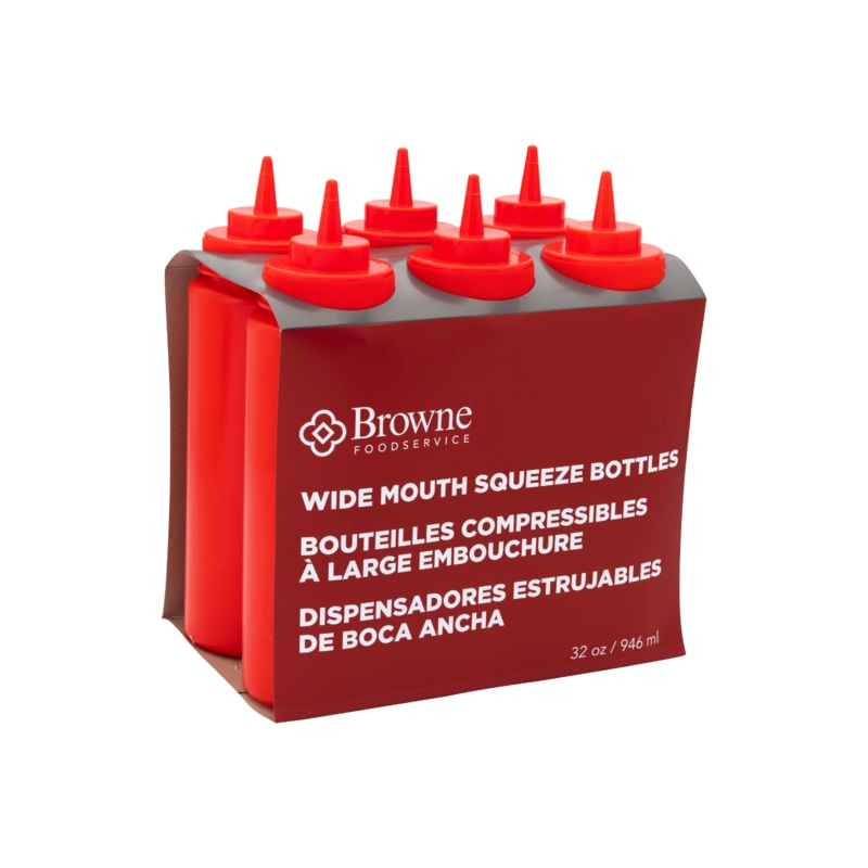 Browne Wide Mouth Squeeze Bottle, 32 oz, Red (6-pack)