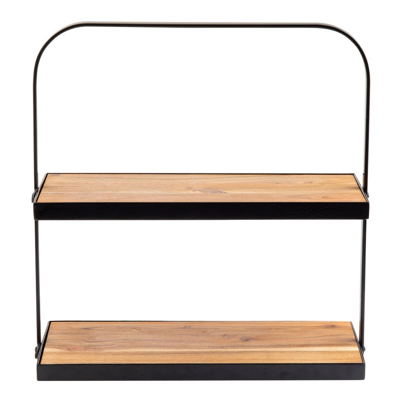 TableCraft Rectangular 2 Tier Display Stand, Black Metal/Acacia Wood