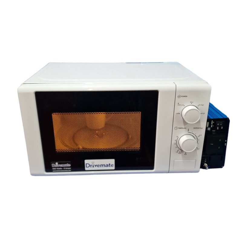 24 Volt Inverter and white 500 watt microwave oven